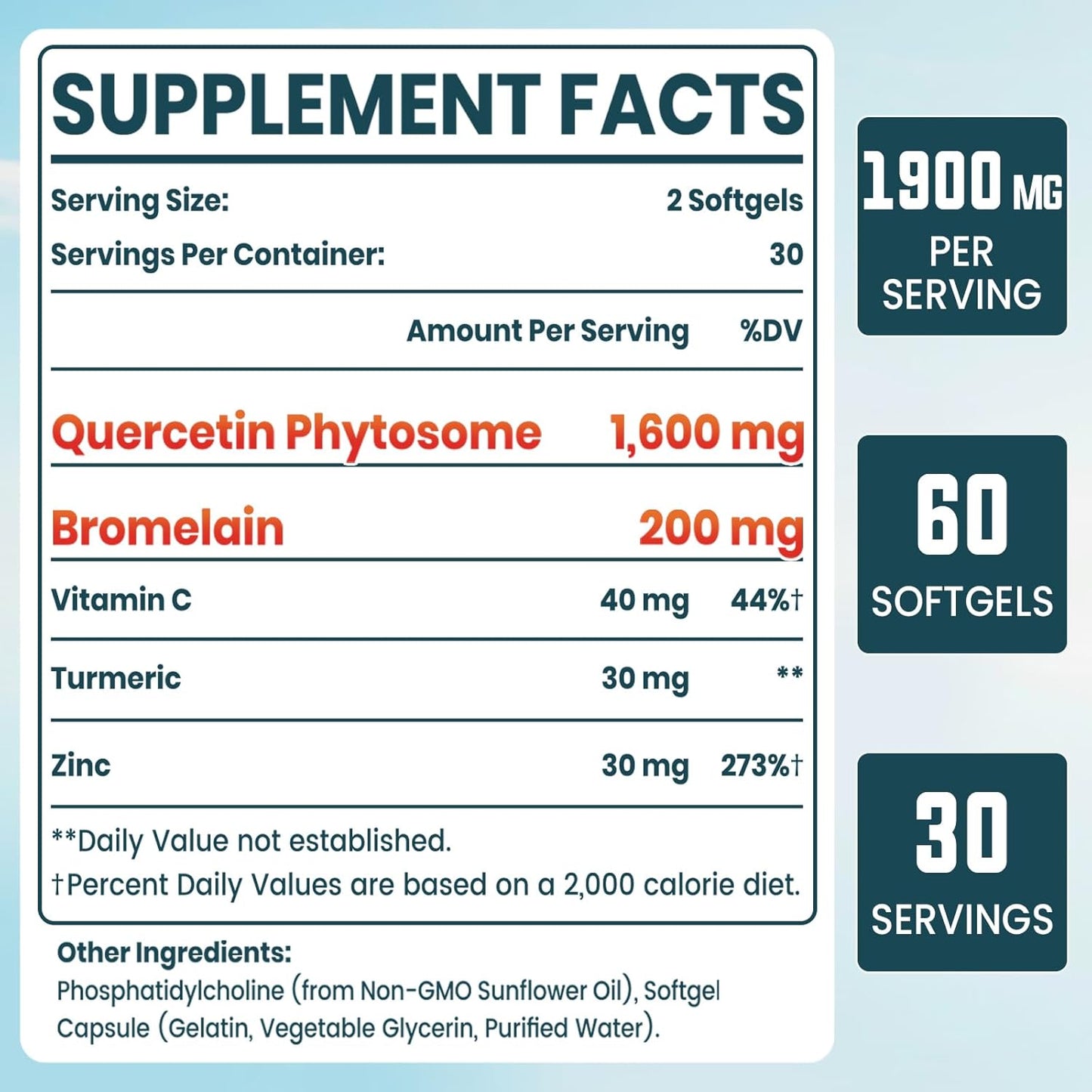 High Absorption 1600 MG Liposomal Quercetin Phytosome Softgels with Bromelain, Zinc, and Vitamin C - Immunity and Respiratory Support - 60 Count