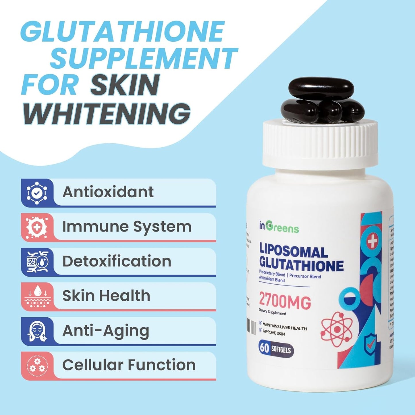 High Absorption 2700MG Liposomal Glutathione Softgels with Hyaluronic Acid and Resveratrol - Powerful Antioxidant for Healthy Aging - 120 Capsules