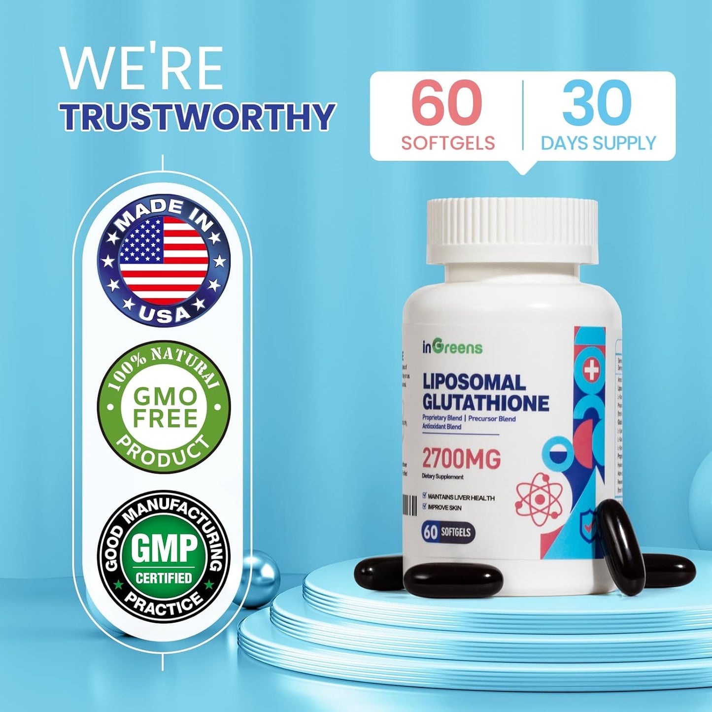 High Absorption 2700MG Liposomal Glutathione Softgels with Hyaluronic Acid and Resveratrol - Powerful Antioxidant for Healthy Aging - 120 Capsules