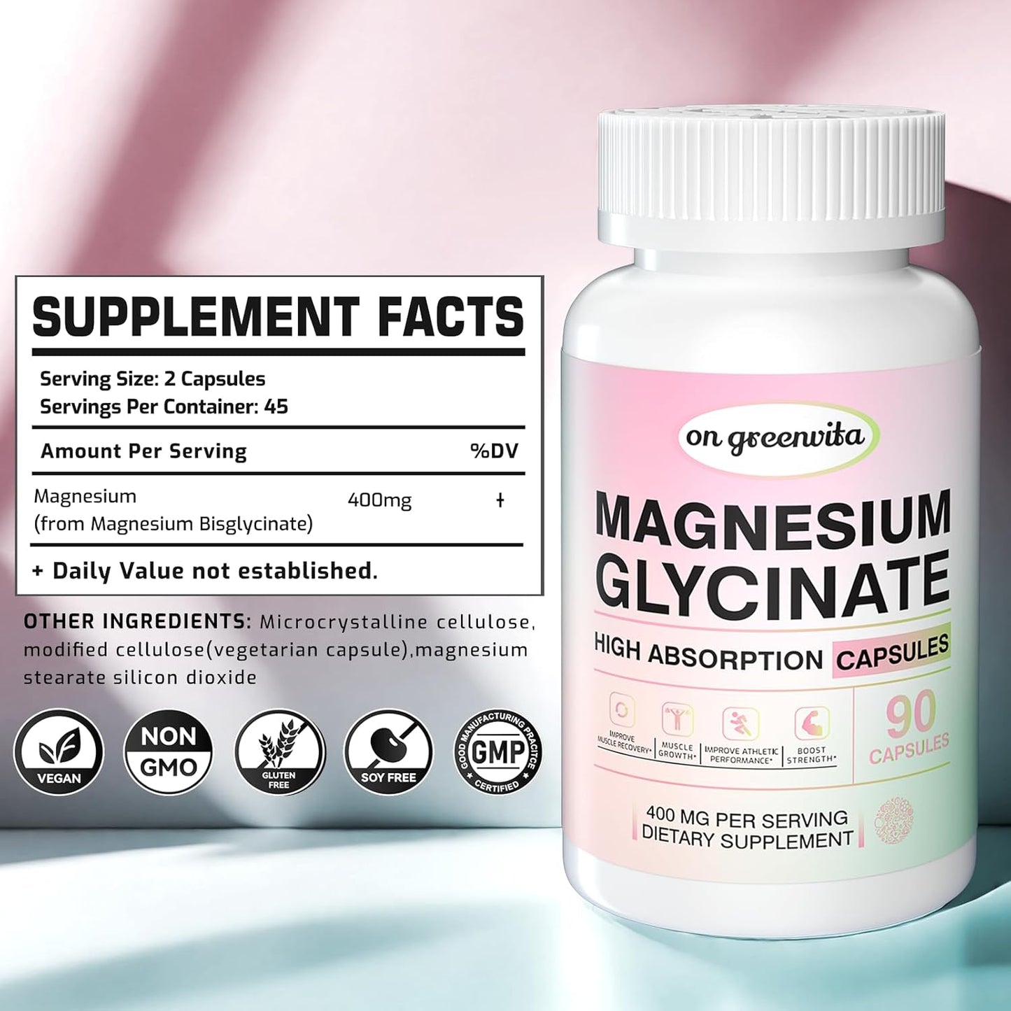 High Absorption 400 MG Magnesium Glycinate Chelated Capsules, Non-GMO, Gentle On Stomach - 90 Vegetarian Capsules