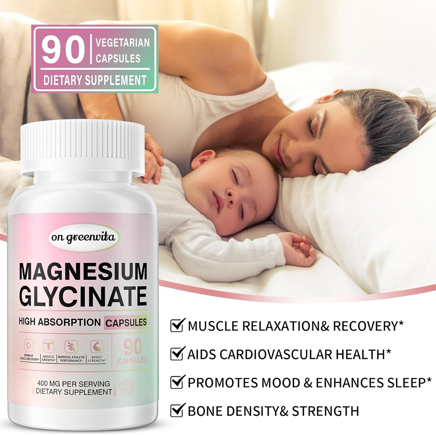 High Absorption 400 MG Magnesium Glycinate Chelated Capsules, Non-GMO, Gentle On Stomach - 90 Vegetarian Capsules