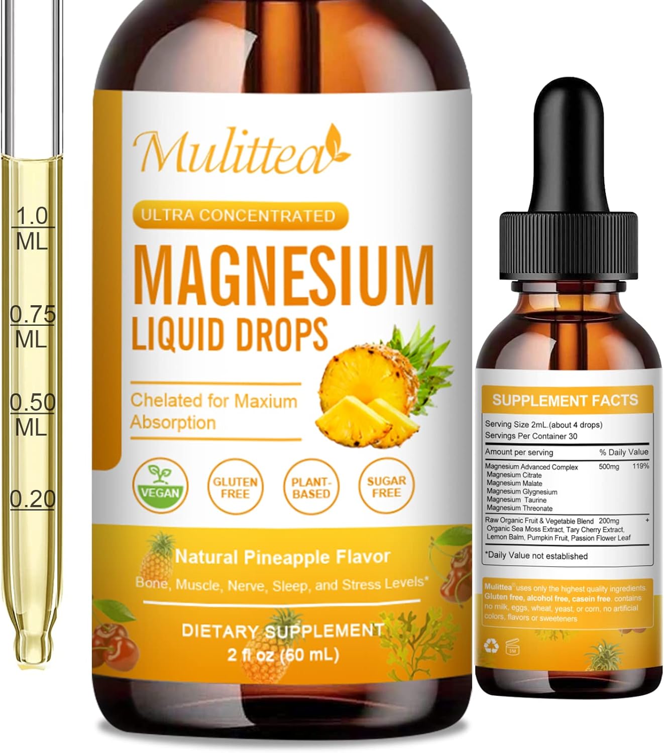High Absorption 5-in-1 Magnesium Complex Liquid Drops - 500mg Supplement with Glycinate, Malate, Citrate, Taurate - Vegan, Sugar Free - Bone, Muscles, Nerves & Energy Support - 2 Fl.oz