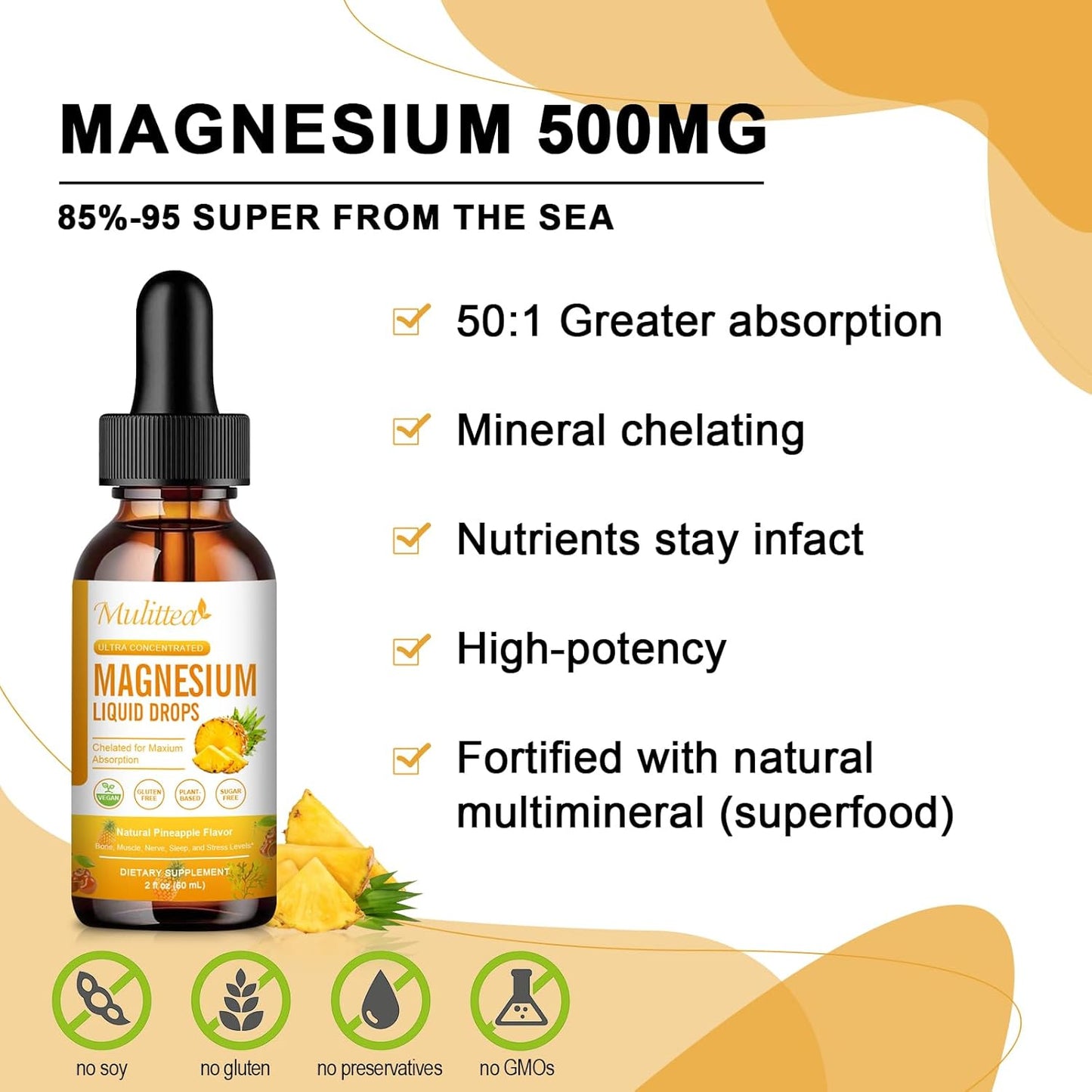 High Absorption 5-in-1 Magnesium Complex Liquid Drops - 500mg Supplement with Glycinate, Malate, Citrate, Taurate - Vegan, Sugar Free - Bone, Muscles, Nerves & Energy Support - 2 Fl.oz