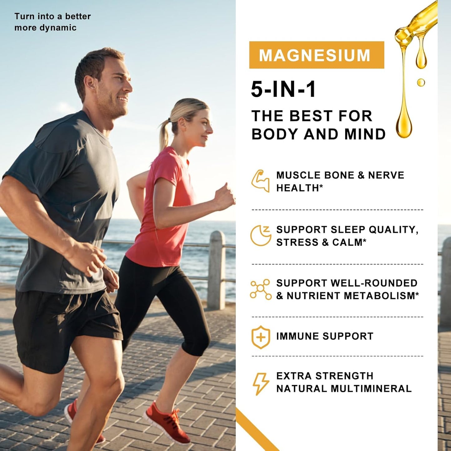 High Absorption 5-in-1 Magnesium Complex Liquid Drops - 500mg Supplement with Glycinate, Malate, Citrate, Taurate - Vegan, Sugar Free - Bone, Muscles, Nerves & Energy Support - 2 Fl.oz
