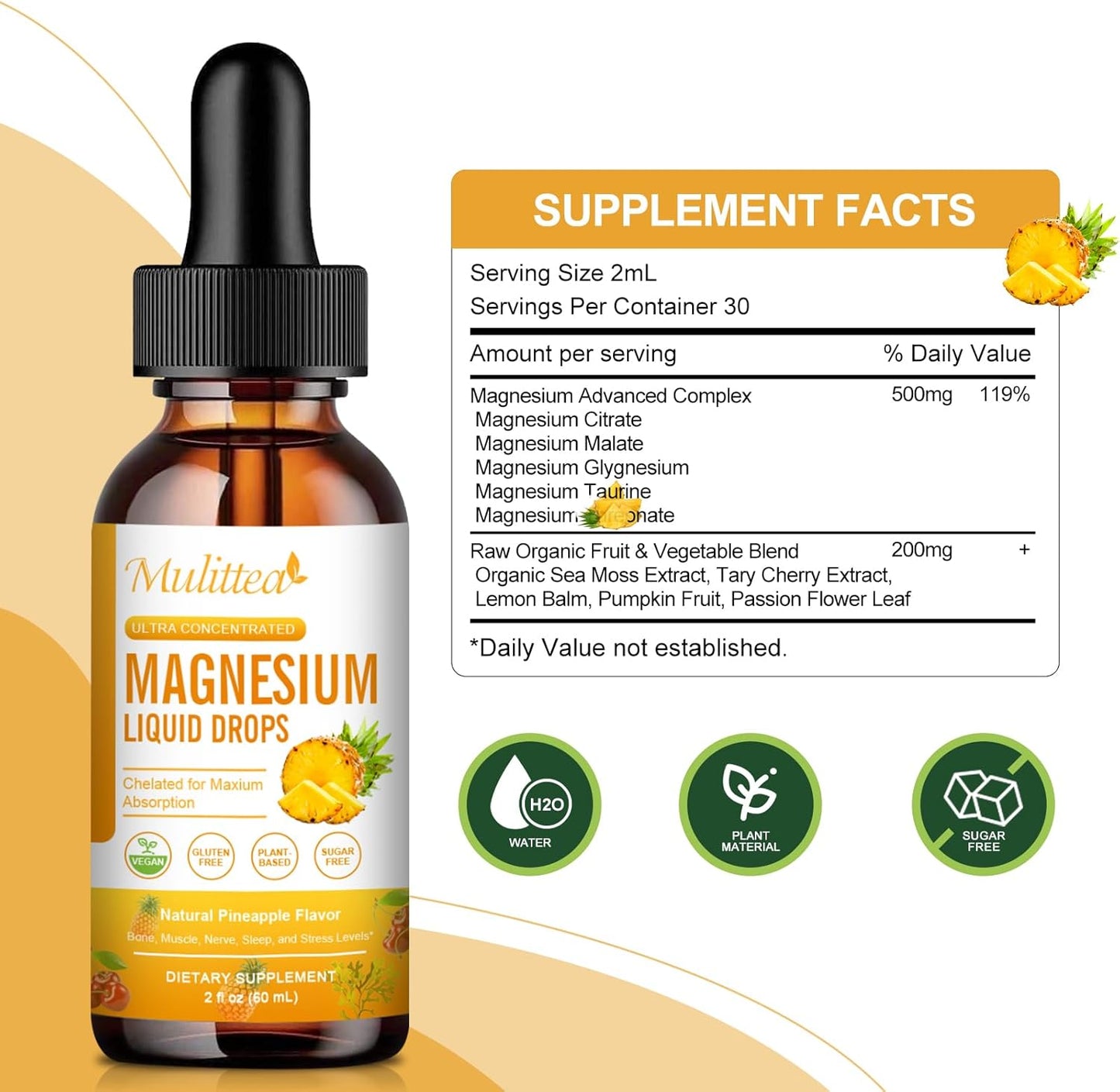 High Absorption 5-in-1 Magnesium Complex Liquid Drops - 500mg Supplement with Glycinate, Malate, Citrate, Taurate - Vegan, Sugar Free - Bone, Muscles, Nerves & Energy Support - 2 Fl.oz