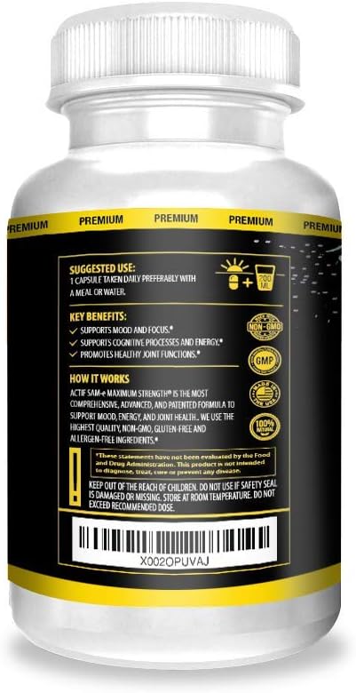 High Absorption Actif SAM-e Supplement for Joint Support, Mood & Energy - 400mg, Non GMO, 60 Count - Made in USA