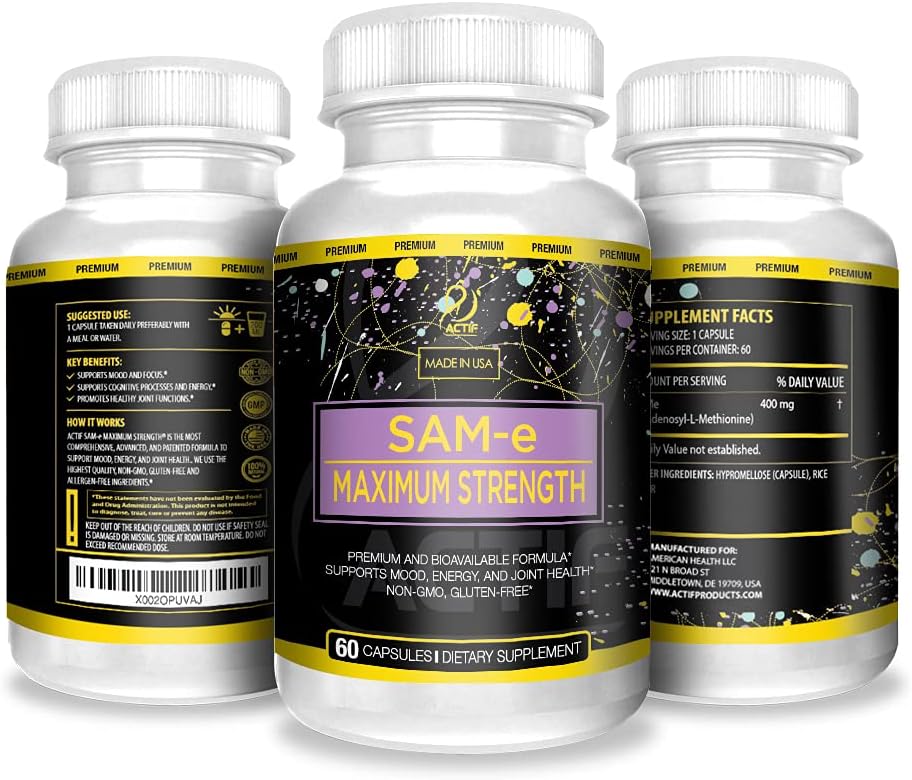 High Absorption Actif SAM-e Supplement for Joint Support, Mood & Energy - 400mg, Non GMO, 60 Count - Made in USA