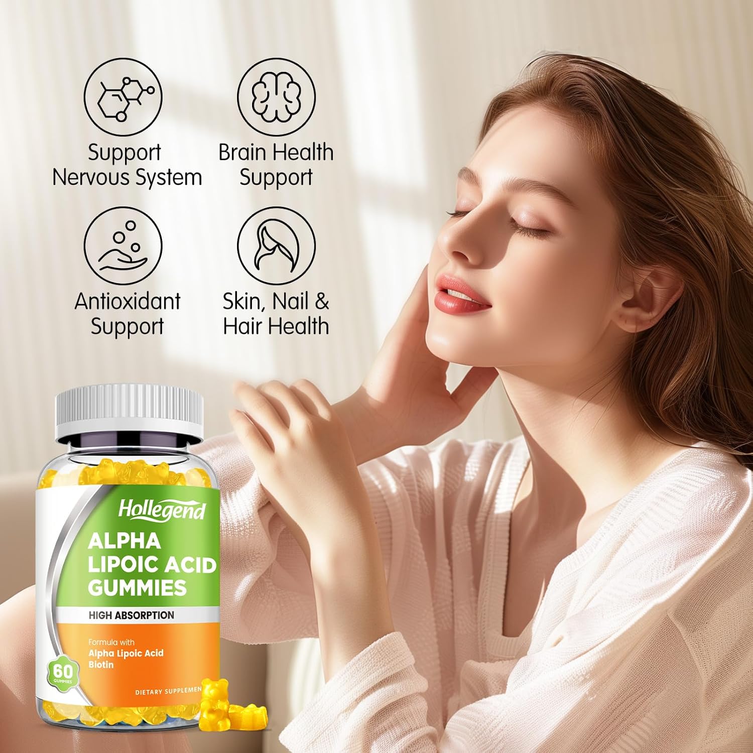 High Absorption Alpha Lipoic Acid Gummies 1000mg with Biotin for Antioxidant & Brain Support - Pineapple Flavor, 60 Sugar Free Chews