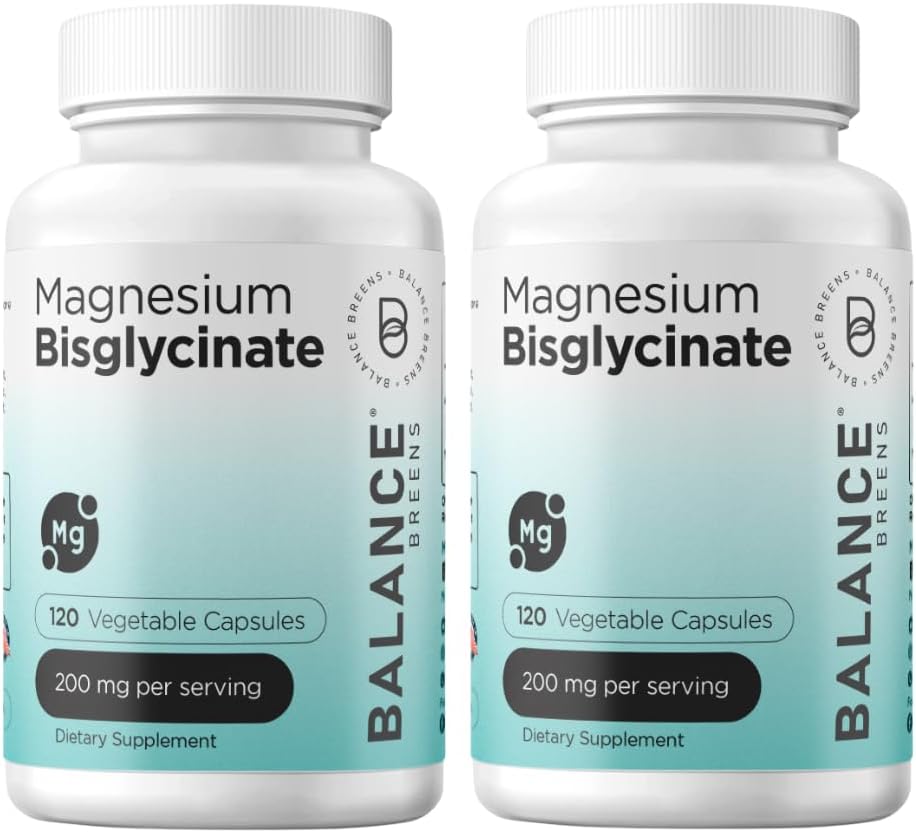 High Absorption Balancebreens Magnesium Bisglycinate 200mg - 120 Vegan Capsules for Heart, Muscle, Bone Health & Mood Support