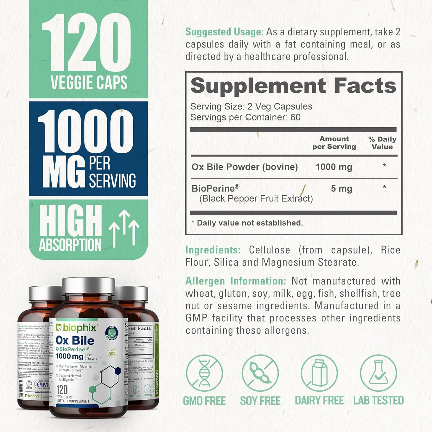 High Absorption Biophix Ox Bile with BioPerine 1000 mg - Digestive Enzymes Supplement for Liver & Metabolism Support - 120 Veggie Capsules