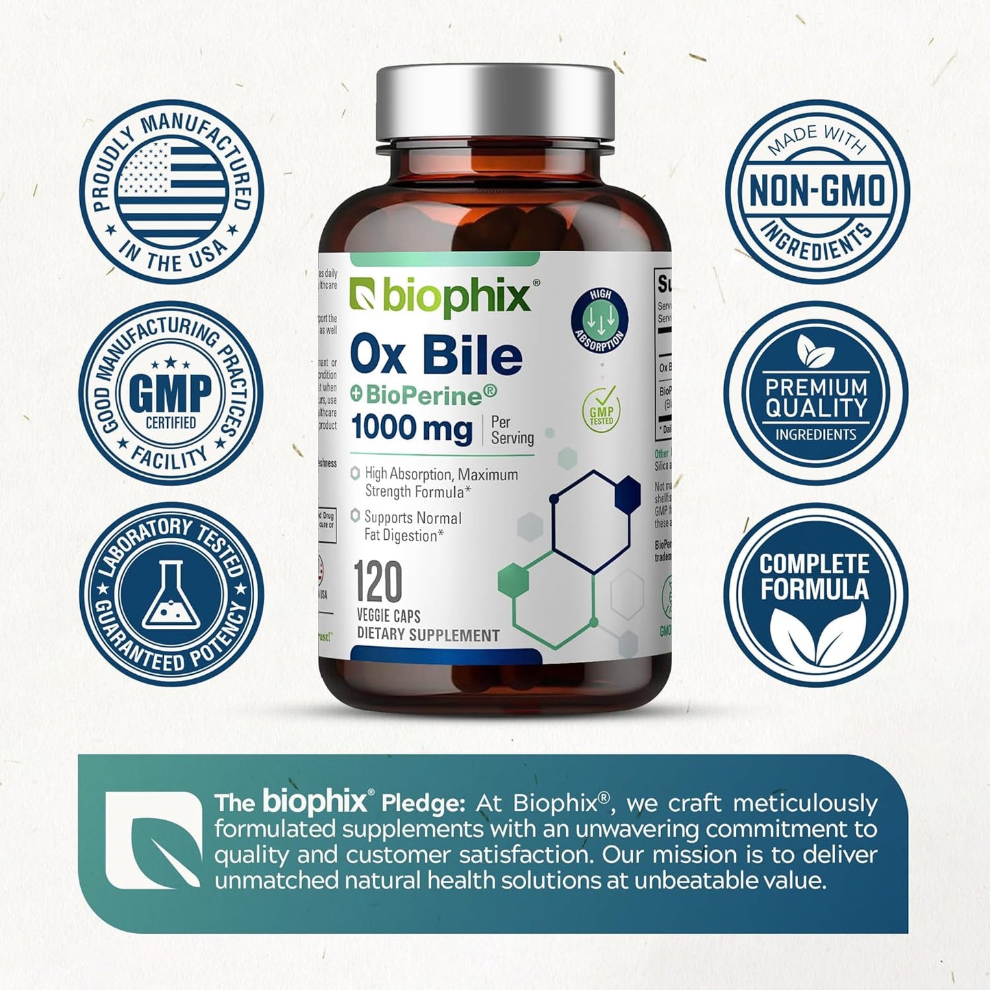 High Absorption Biophix Ox Bile with BioPerine 1000 mg - Digestive Enzymes Supplement for Liver & Metabolism Support - 120 Veggie Capsules