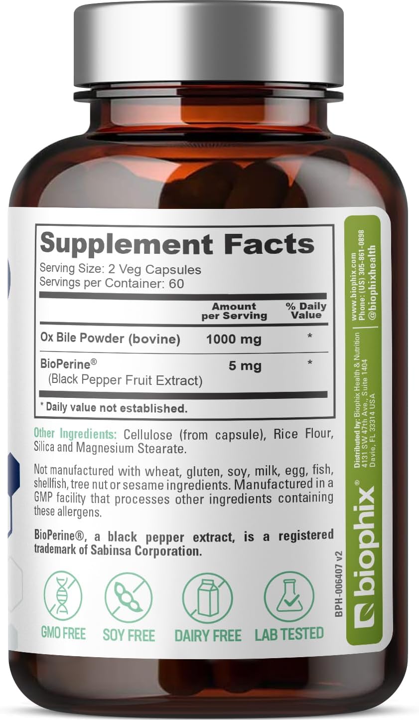 High Absorption Biophix Ox Bile with BioPerine 1000 mg - Digestive Enzymes Supplement for Liver & Metabolism Support - 120 Veggie Capsules