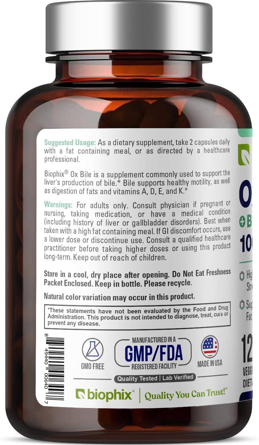 High Absorption Biophix Ox Bile with BioPerine 1000 mg - Digestive Enzymes Supplement for Liver & Metabolism Support - 120 Veggie Capsules