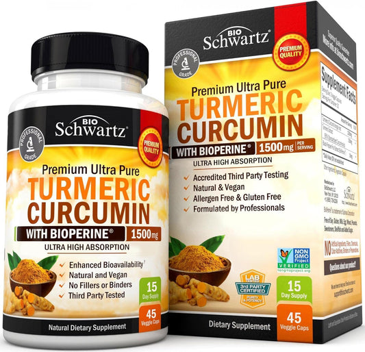 High Absorption BioSchwartz Turmeric Curcumin Capsules with Black Pepper Extract - 1500mg Potent Supplement - 95% Curcuminoids & BioPerine - Non GMO, Joint Support - 45ct