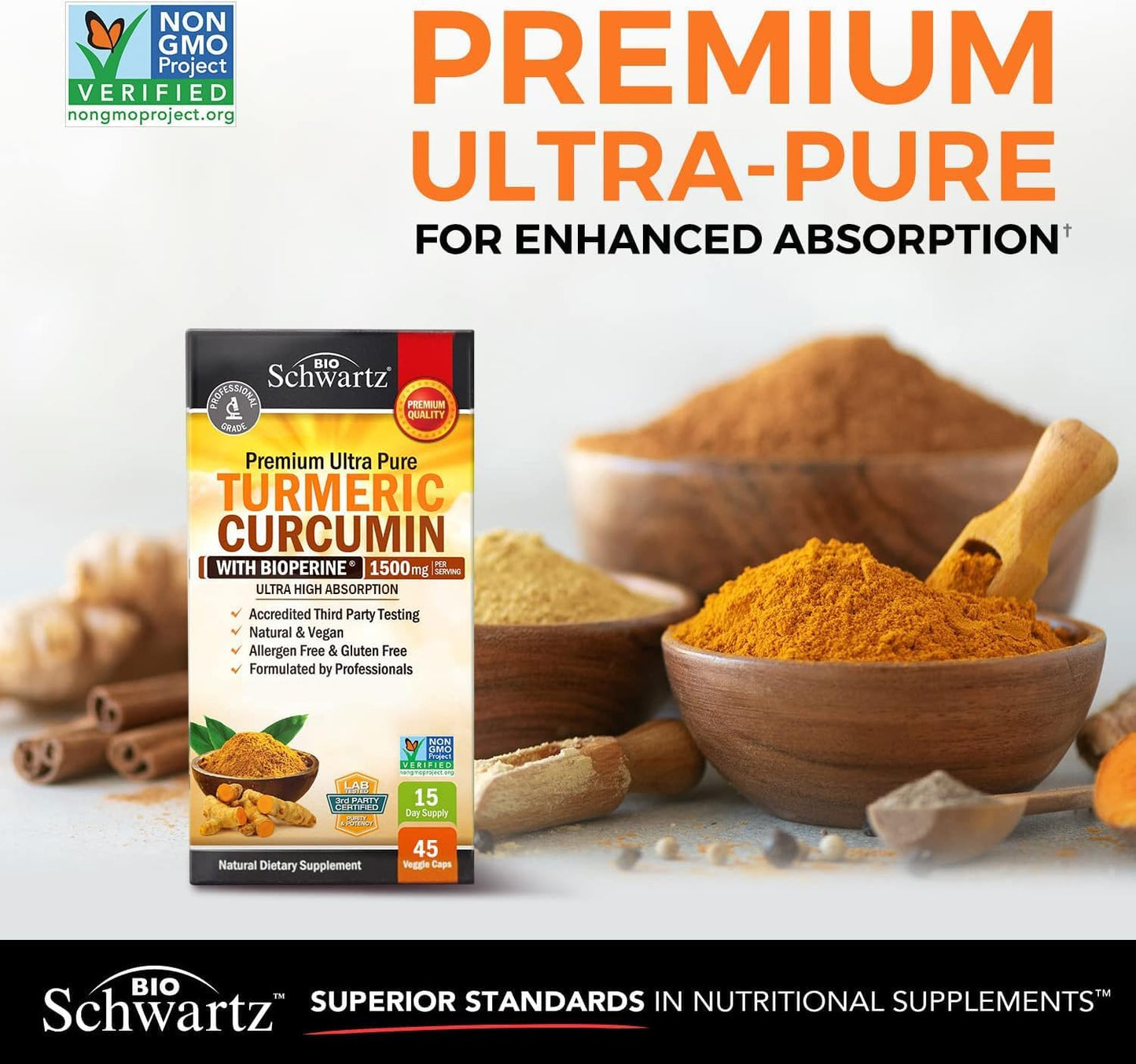 High Absorption BioSchwartz Turmeric Curcumin Capsules with Black Pepper Extract - 1500mg Potent Supplement - 95% Curcuminoids & BioPerine - Non GMO, Joint Support - 45ct