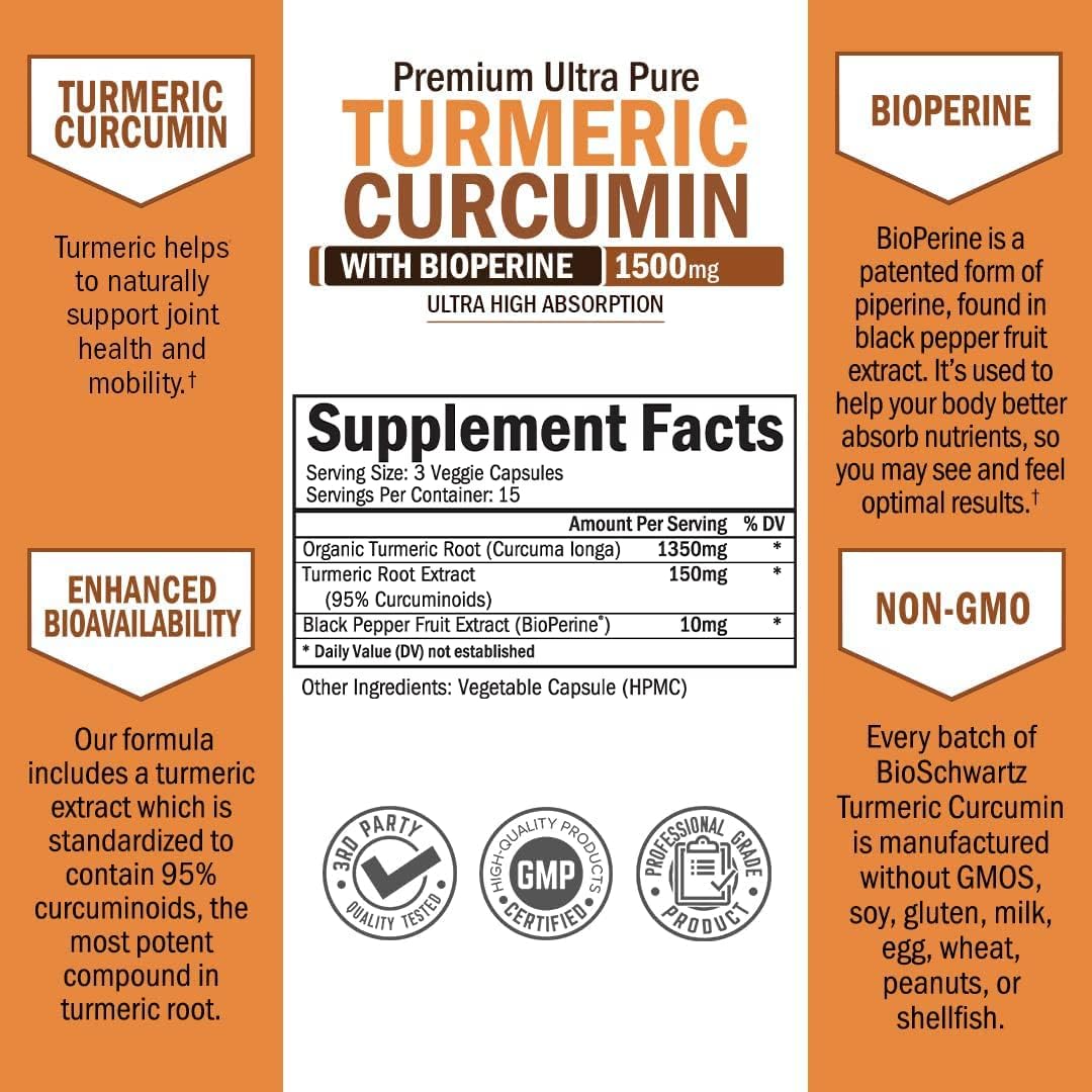 High Absorption BioSchwartz Turmeric Curcumin Capsules with Black Pepper Extract - 1500mg Potent Supplement - 95% Curcuminoids & BioPerine - Non GMO, Joint Support - 45ct