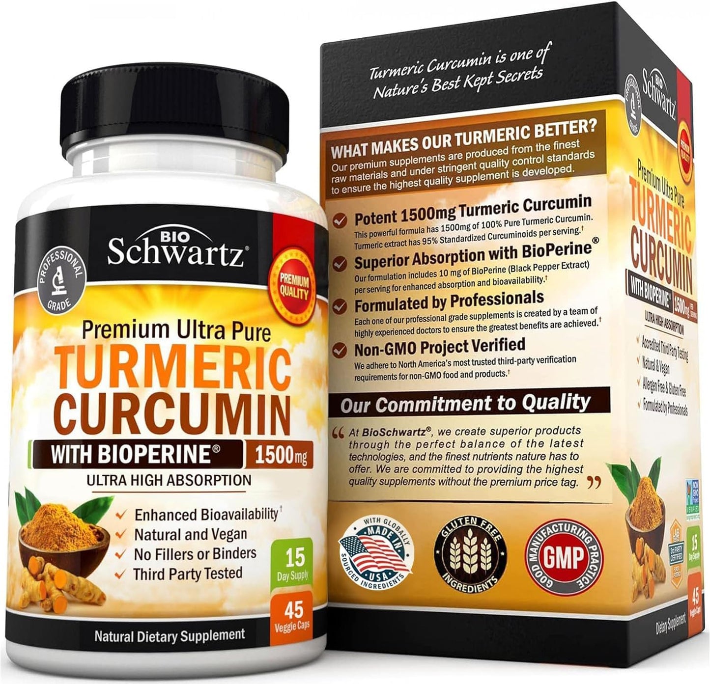 High Absorption BioSchwartz Turmeric Curcumin Capsules with Black Pepper Extract - 1500mg Potent Supplement - 95% Curcuminoids & BioPerine - Non GMO, Joint Support - 45ct