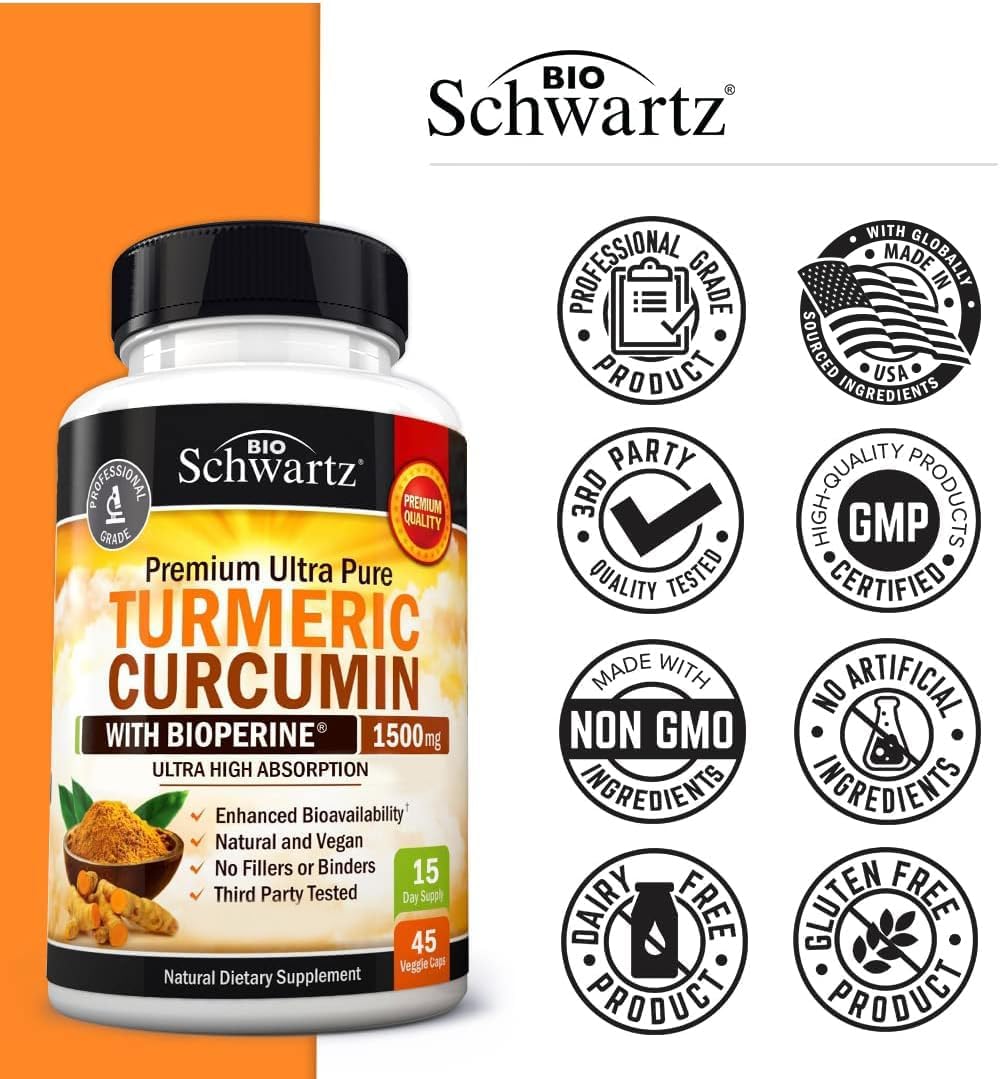 High Absorption BioSchwartz Turmeric Curcumin Capsules with Black Pepper Extract - 1500mg Potent Supplement - 95% Curcuminoids & BioPerine - Non GMO, Joint Support - 45ct