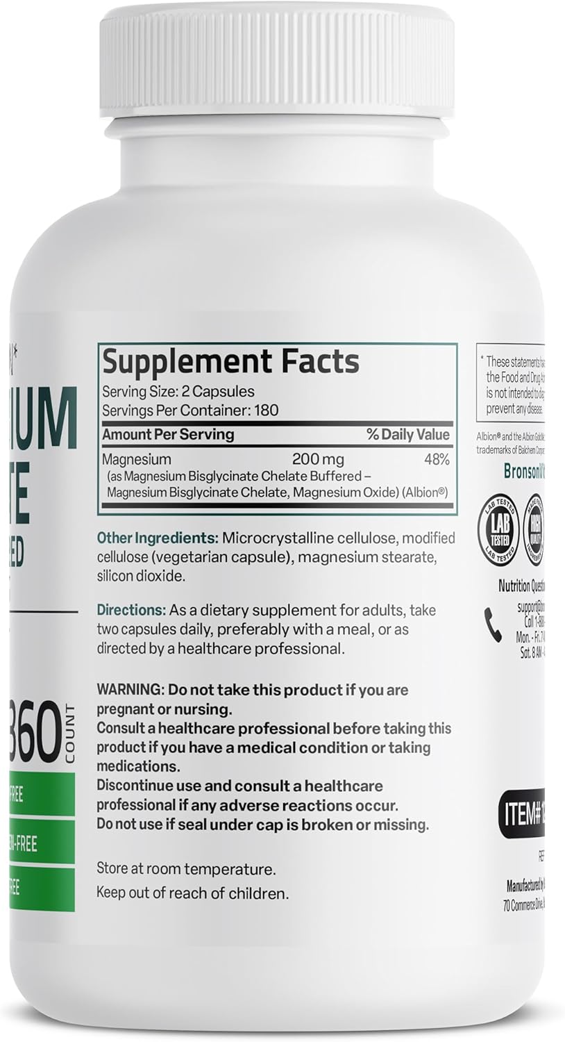 High Absorption Bronson Magnesium Glycinate 200 MG Chelated Capsules - 360 Vegetarian, Non-GMO, Gentle on Stomach