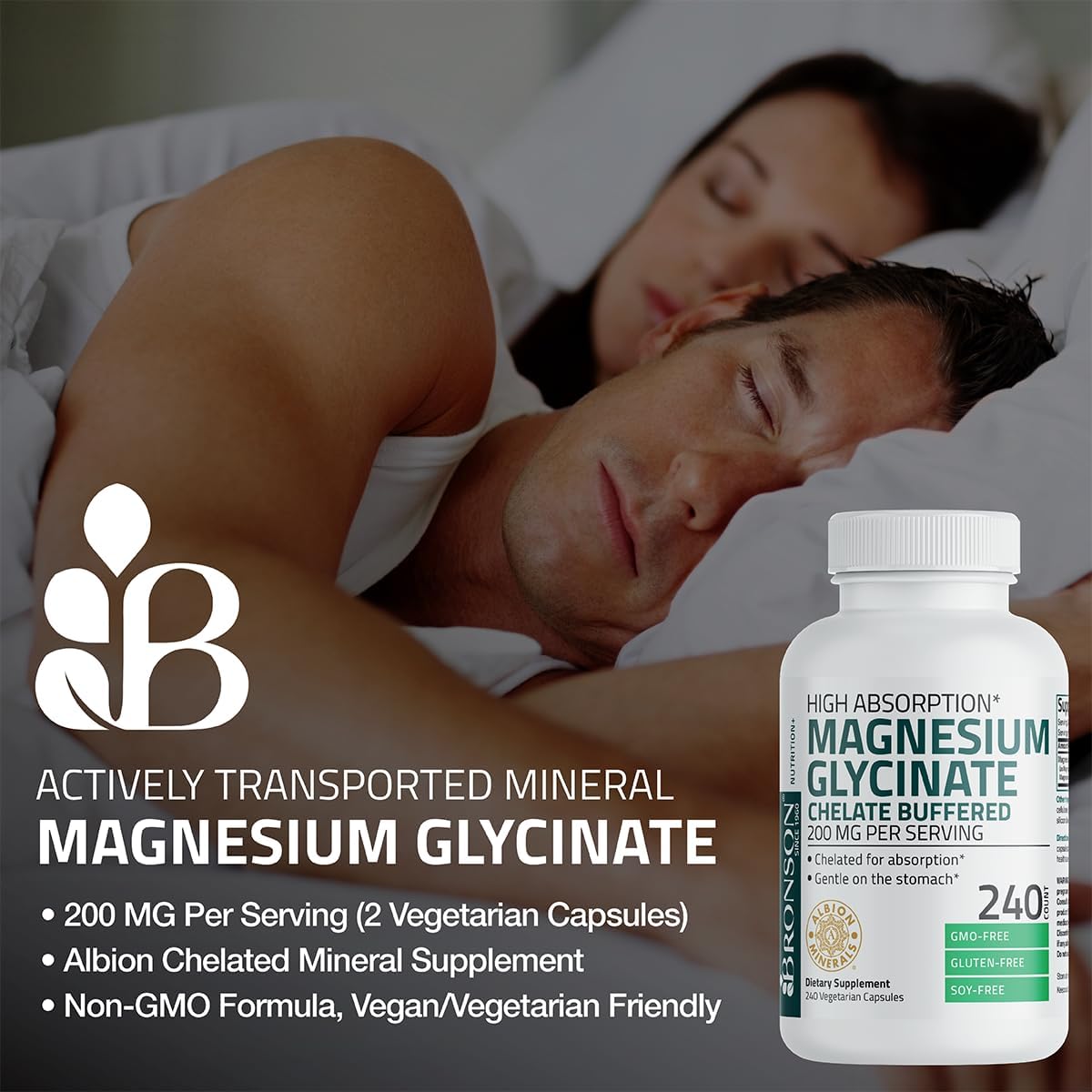 High Absorption Bronson Magnesium Glycinate 200 MG Chelated Capsules - 360 Vegetarian, Non-GMO, Gentle on Stomach