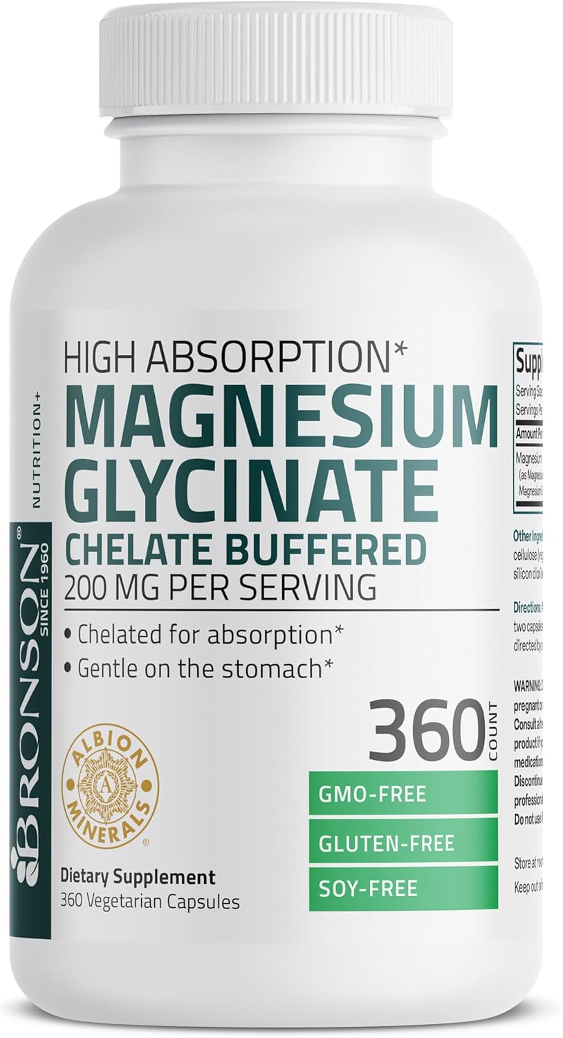 High Absorption Bronson Magnesium Glycinate 200 MG Chelated Capsules - 360 Vegetarian, Non-GMO, Gentle on Stomach