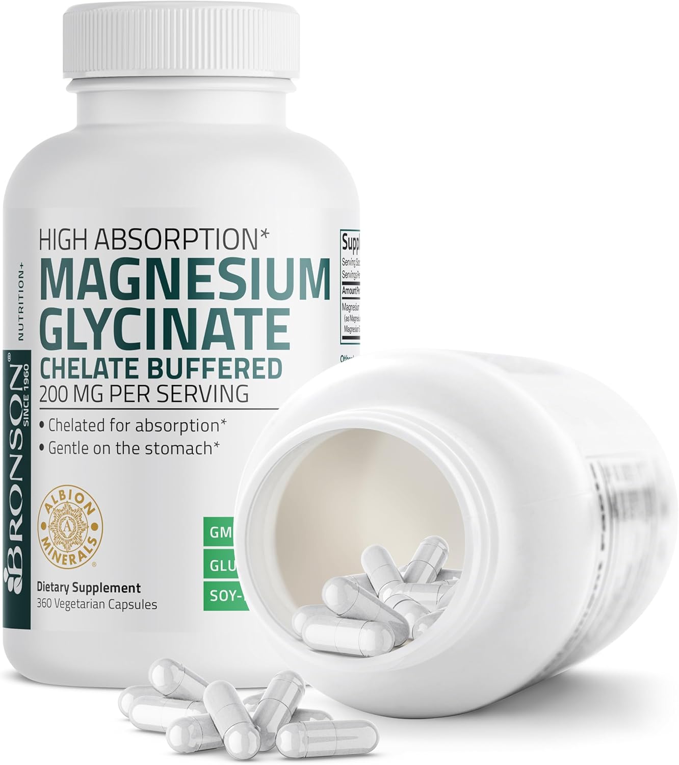 High Absorption Bronson Magnesium Glycinate 200 MG Chelated Capsules - 360 Vegetarian, Non-GMO, Gentle on Stomach