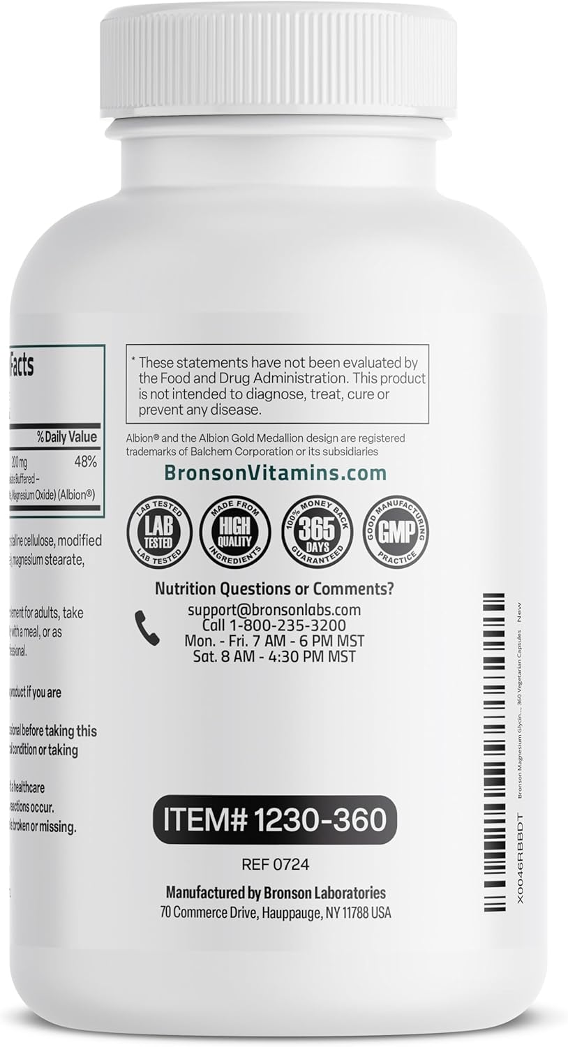 High Absorption Bronson Magnesium Glycinate 200 MG Chelated Capsules - 360 Vegetarian, Non-GMO, Gentle on Stomach