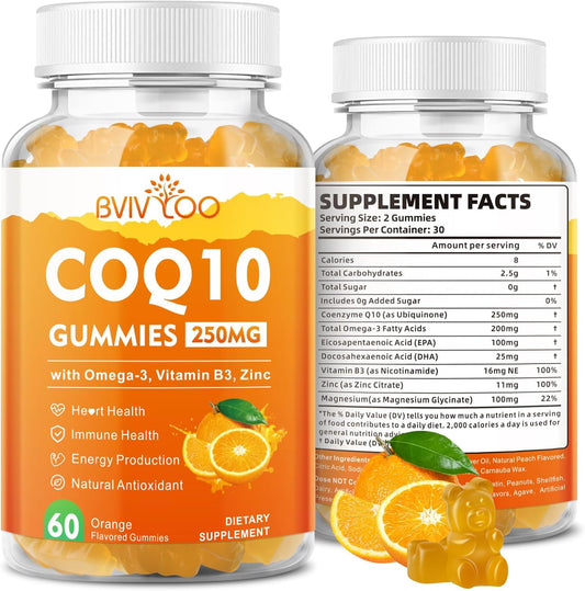 High Absorption BVIVLOO CoQ10 Gummies 250mg with Omega-3, Vitamin B3, Zinc, and Magnesium - Heart Health & Antioxidant Support, 60 Count