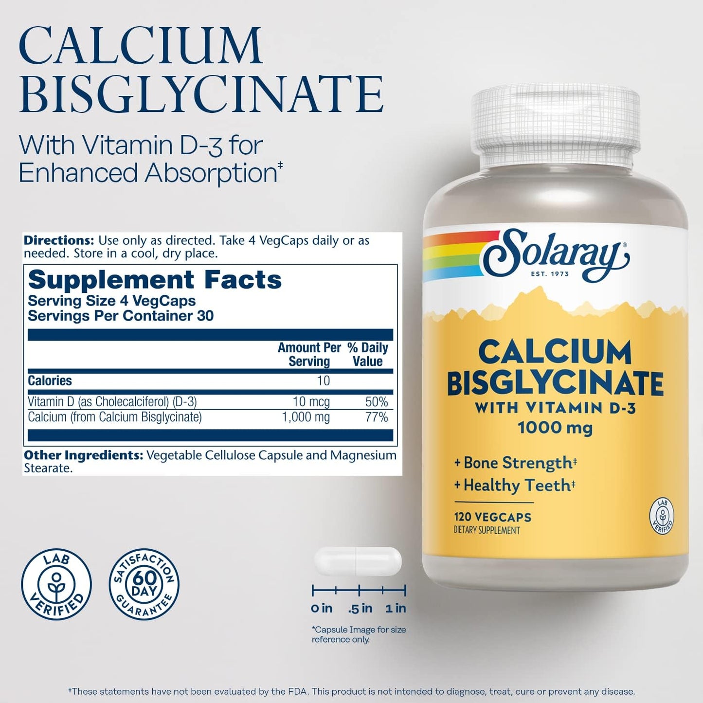 High Absorption Calcium Bisglycinate 1000mg with Vitamin D-3 - Chelated Supplement for Bone Strength, Teeth Support - 30 Servings, 120 VegCaps