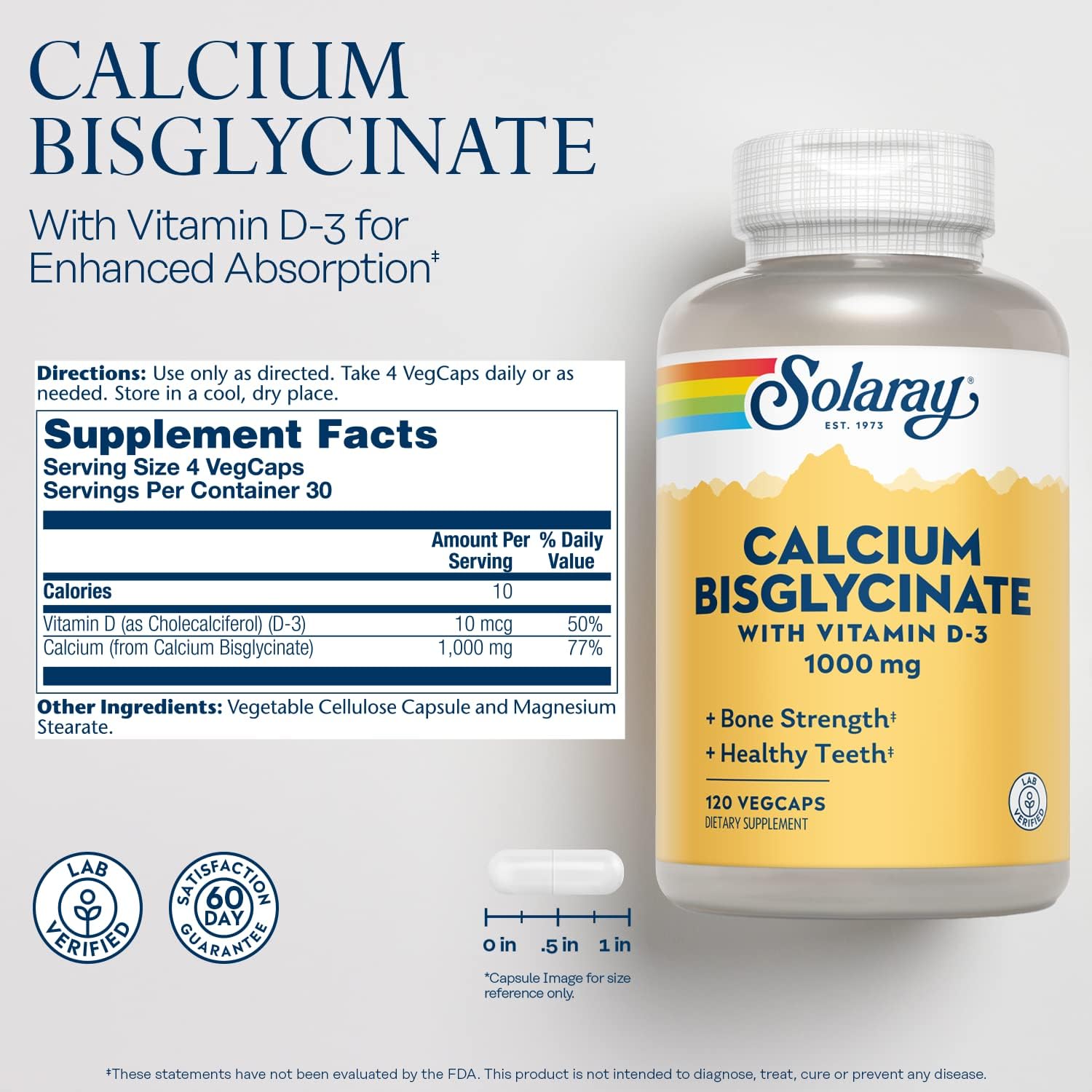 High Absorption Calcium Bisglycinate 1000mg with Vitamin D-3 - Chelated Supplement for Bone Strength, Teeth Support - 30 Servings, 120 VegCaps