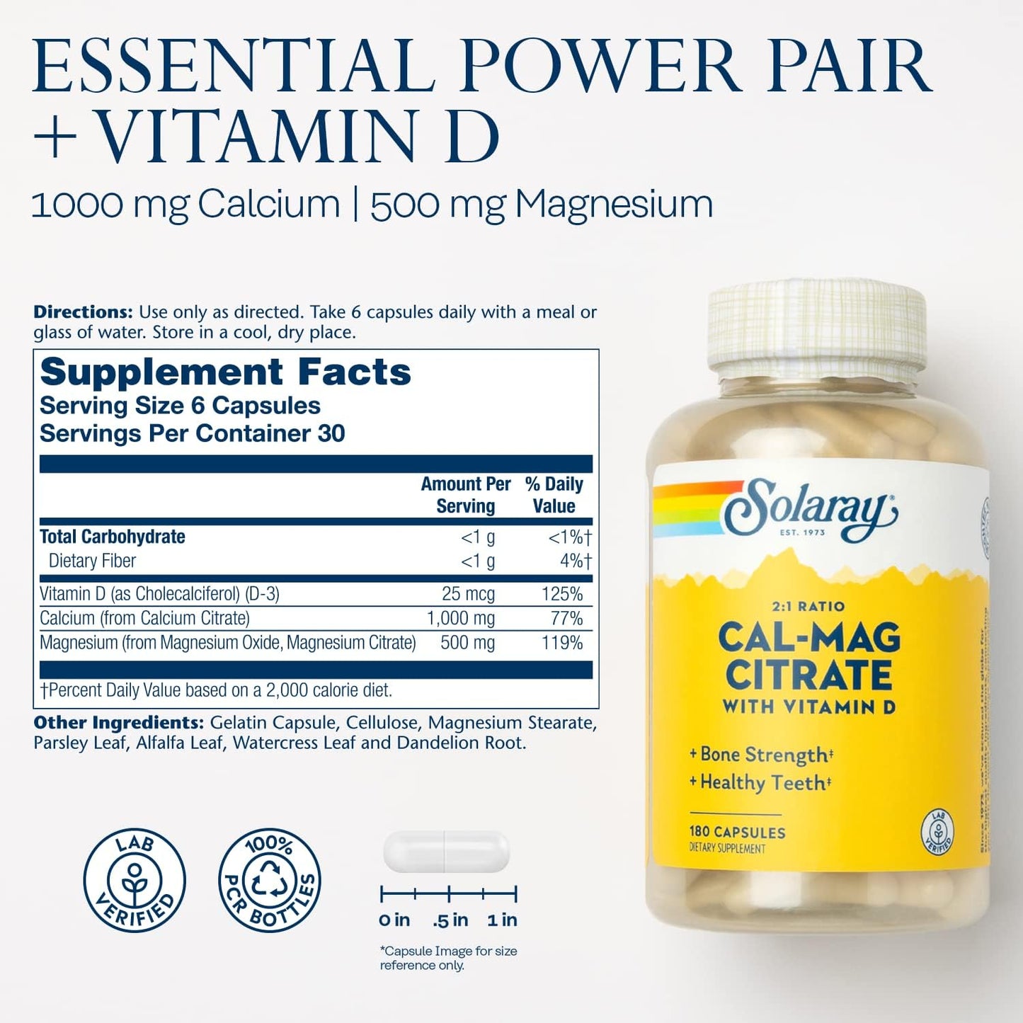 High Absorption Calcium & Magnesium Citrate 2:1 Ratio with Vitamin D-3 - 180 Capsules for Healthy Bones, Muscles, and Nervous System Support
