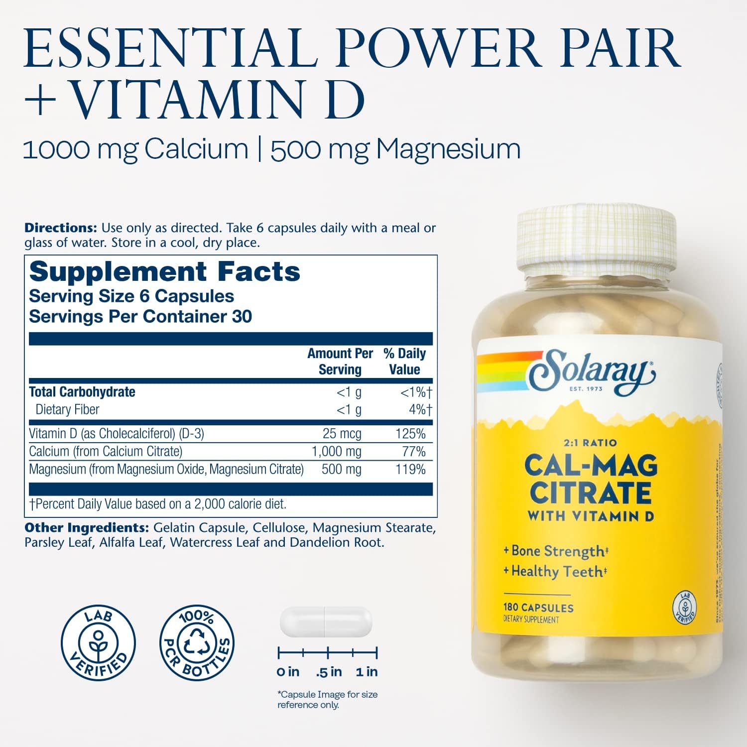 High Absorption Calcium & Magnesium Citrate 2:1 Ratio with Vitamin D-3 - 180 Capsules for Healthy Bones, Muscles, and Nervous System Support