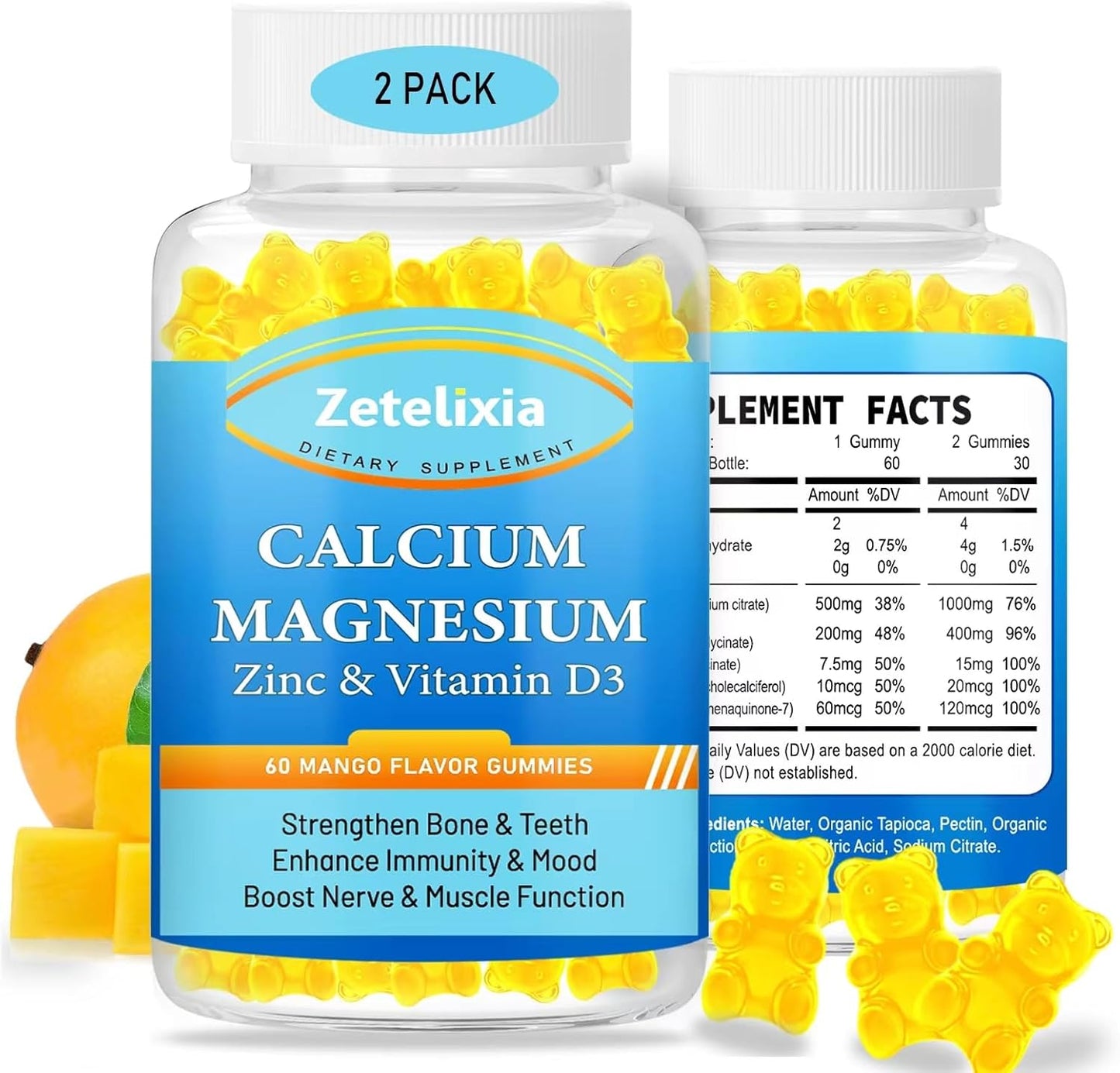 High Absorption Calcium, Magnesium, Zinc Gummies with Vitamin D3 & K2 - Sugar Free Supplement for Bone & Muscle Health - 2 Pack