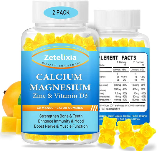 High Absorption Calcium, Magnesium, Zinc Gummies with Vitamin D3 & K2 - Sugar Free Supplement for Bone & Muscle Health - 2 Pack
