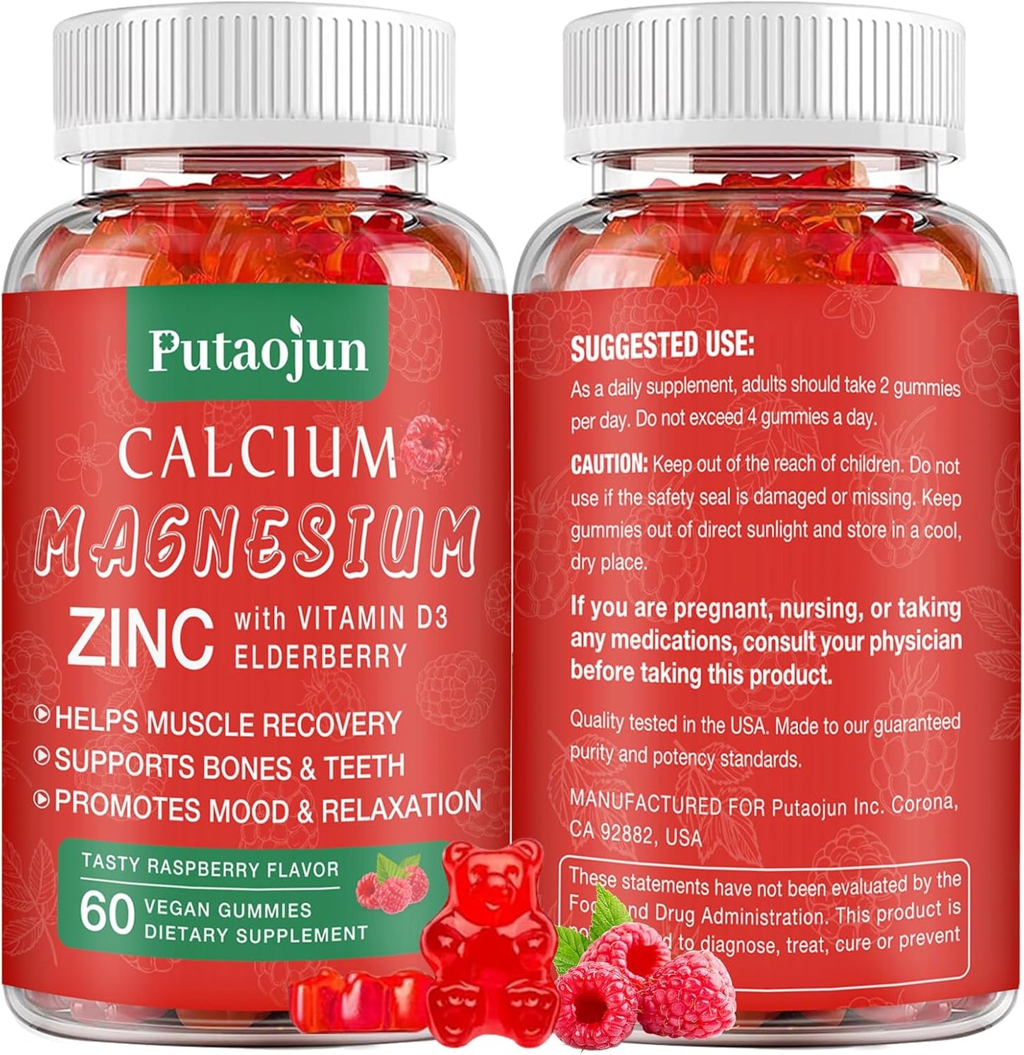 High Absorption Calcium Magnesium Zinc Gummies with Vitamin D3 for Bone and Teeth Strength - Vegan Raspberry Flavor Supplement - Sugar-Free - 1 Pack