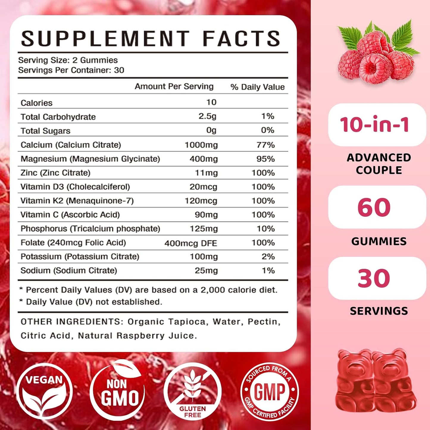 High Absorption Calcium Magnesium Zinc Gummies with Vitamin D3 & K2 - Bone, Muscle, Calm & Sleep Support - Raspberry Flavored, 120 ct