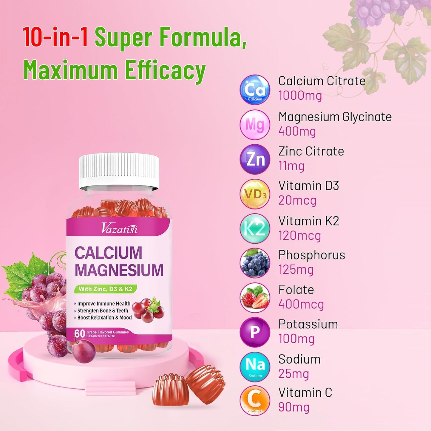 High Absorption Calcium Magnesium Zinc Gummies with Vitamin D3 and K2, Potent Magnesium Glycinate for Immune Support, Bone Health, and Muscle Function, Grape Flavor 120 Gummies