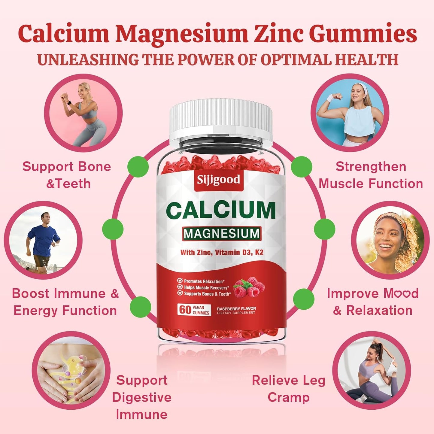 High Absorption Calcium Magnesium Zinc Gummies with Vitamin D3 & K2 - Bone, Muscle, Calm & Sleep Support - Raspberry Flavored, 120 ct