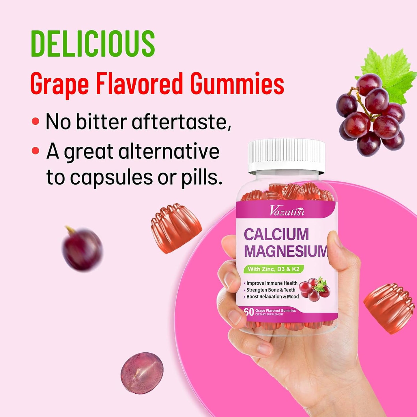 High Absorption Calcium Magnesium Zinc Gummies with Vitamin D3 and K2, Potent Magnesium Glycinate for Immune Support, Bone Health, and Muscle Function, Grape Flavor 120 Gummies