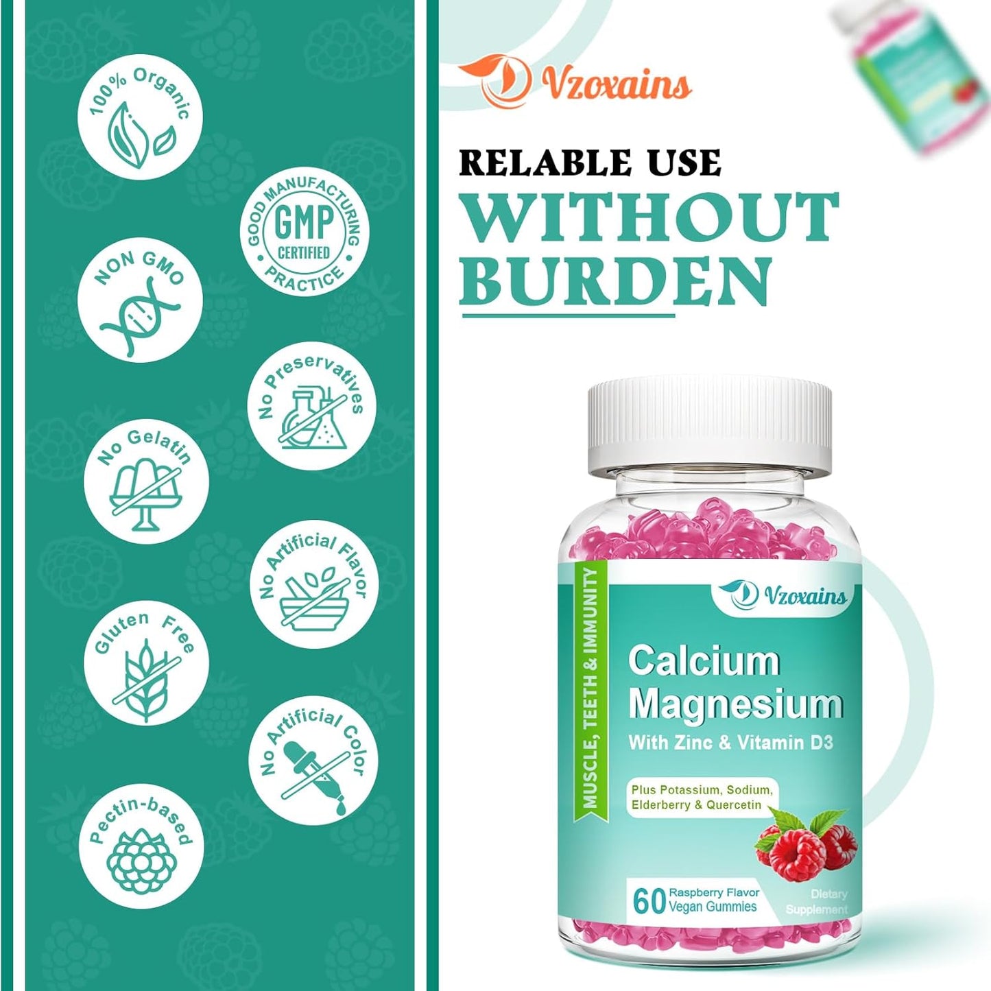 High Absorption Calcium Magnesium Zinc Gummies with Magnesium Glycinate - Vegan Bone & Teeth Strength Supplement - Sugar Free, 120 Count