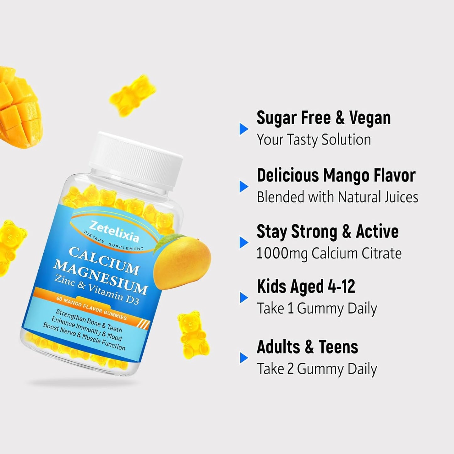 High Absorption Calcium, Magnesium, Zinc Gummies with Vitamin D3 & K2 - Sugar Free Supplement for Bone & Muscle Health - 2 Pack