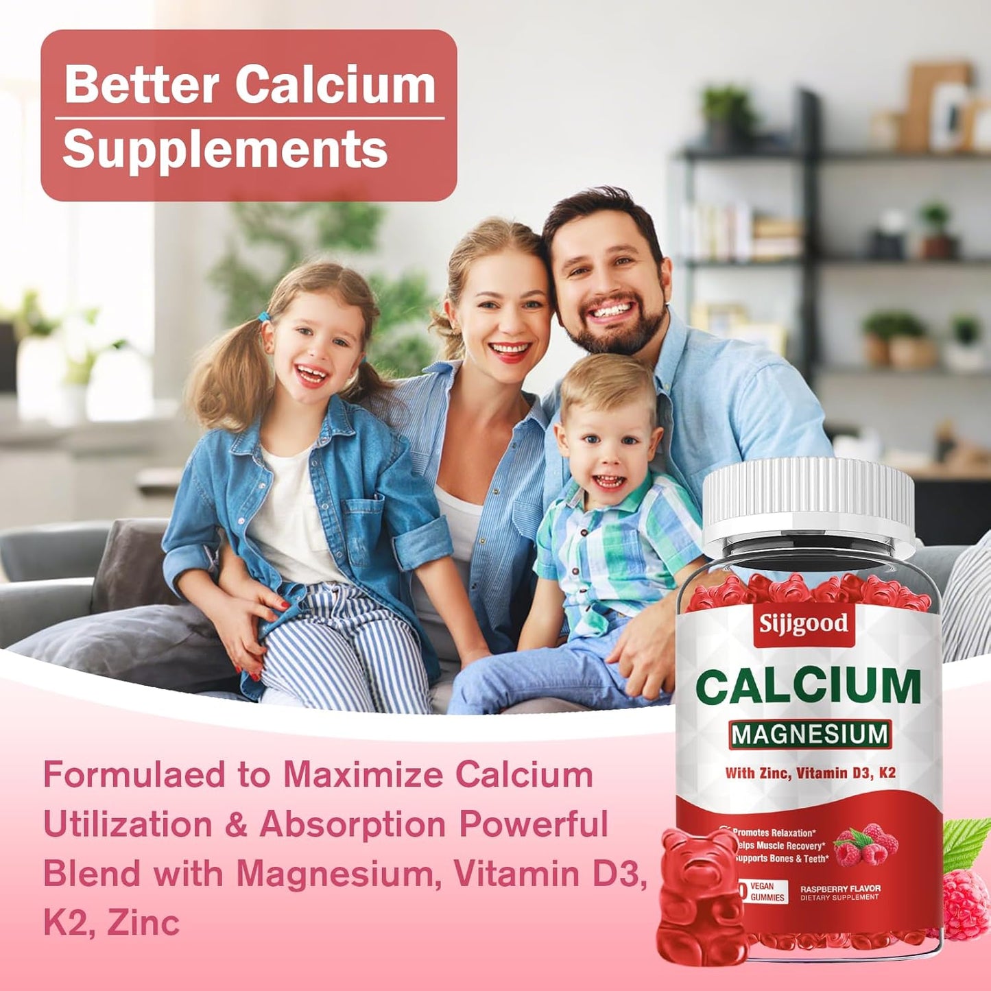 High Absorption Calcium Magnesium Zinc Gummies with Vitamin D3 & K2 - Bone, Muscle, Calm & Sleep Support - Raspberry Flavored, 120 ct