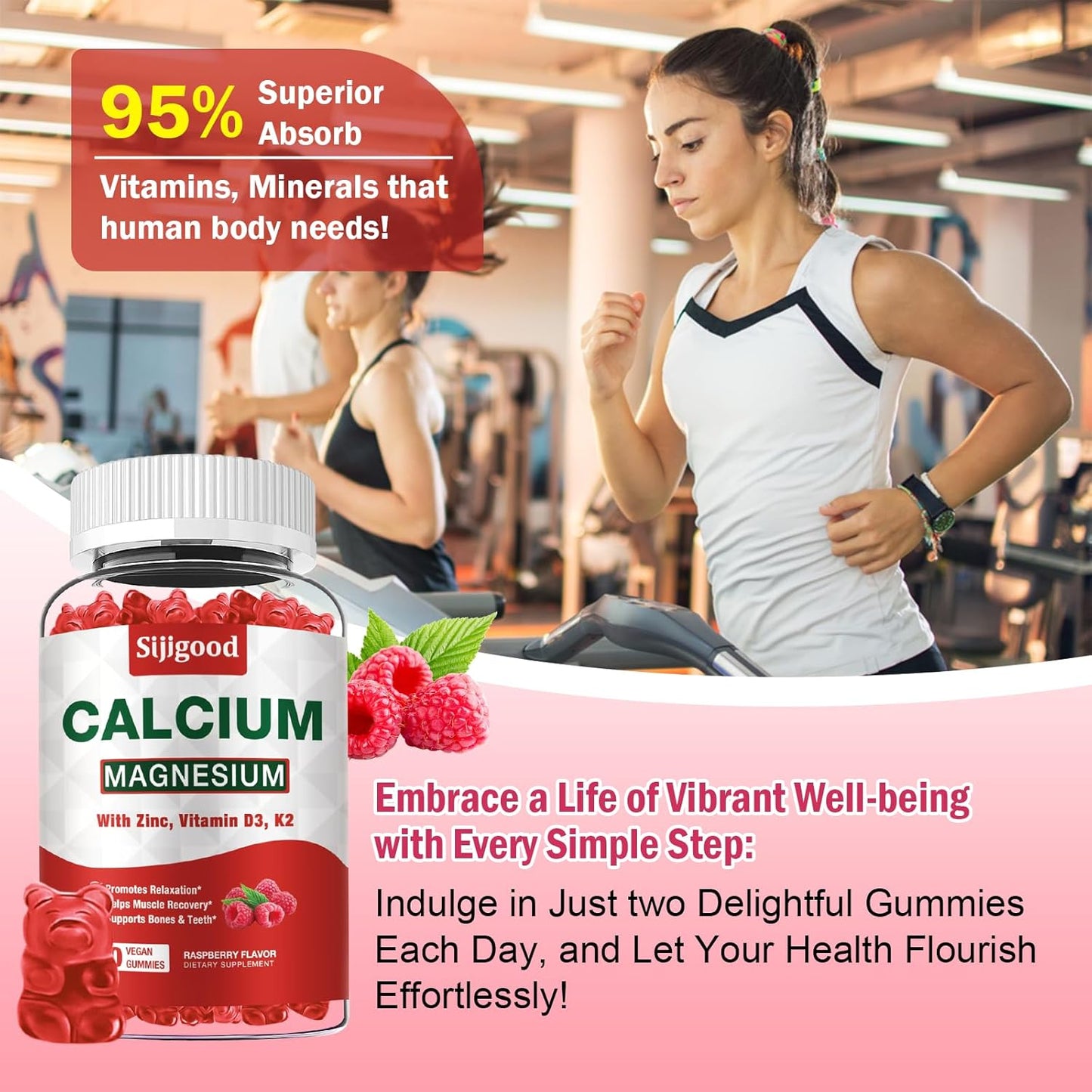 High Absorption Calcium Magnesium Zinc Gummies with Vitamin D3 & K2 - Bone, Muscle, Calm & Sleep Support - Raspberry Flavored, 120 ct