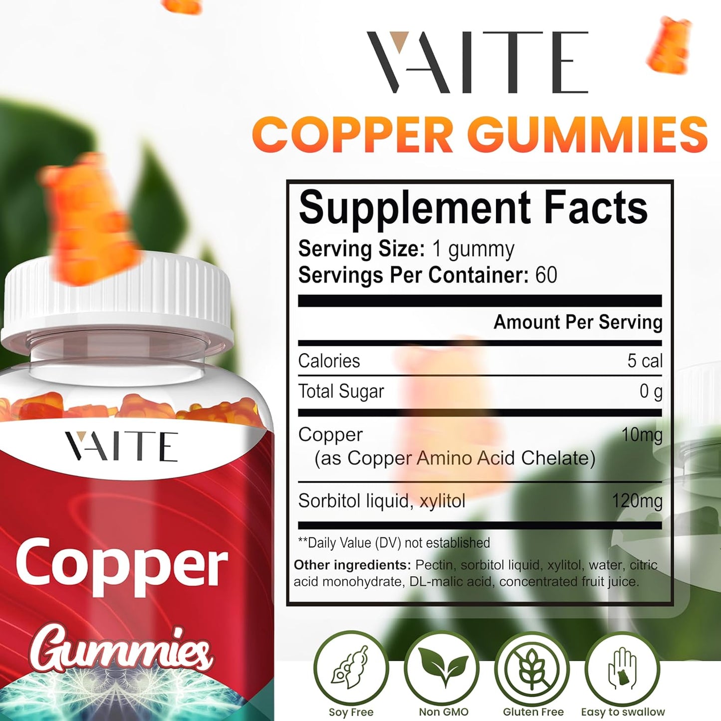 High Absorption Copper Gummies for Men & Women - 10mg Amino Acid Chelate Supplement for Energy Metabolism - Non-GMO Vegan Vitamins, 60 Chews