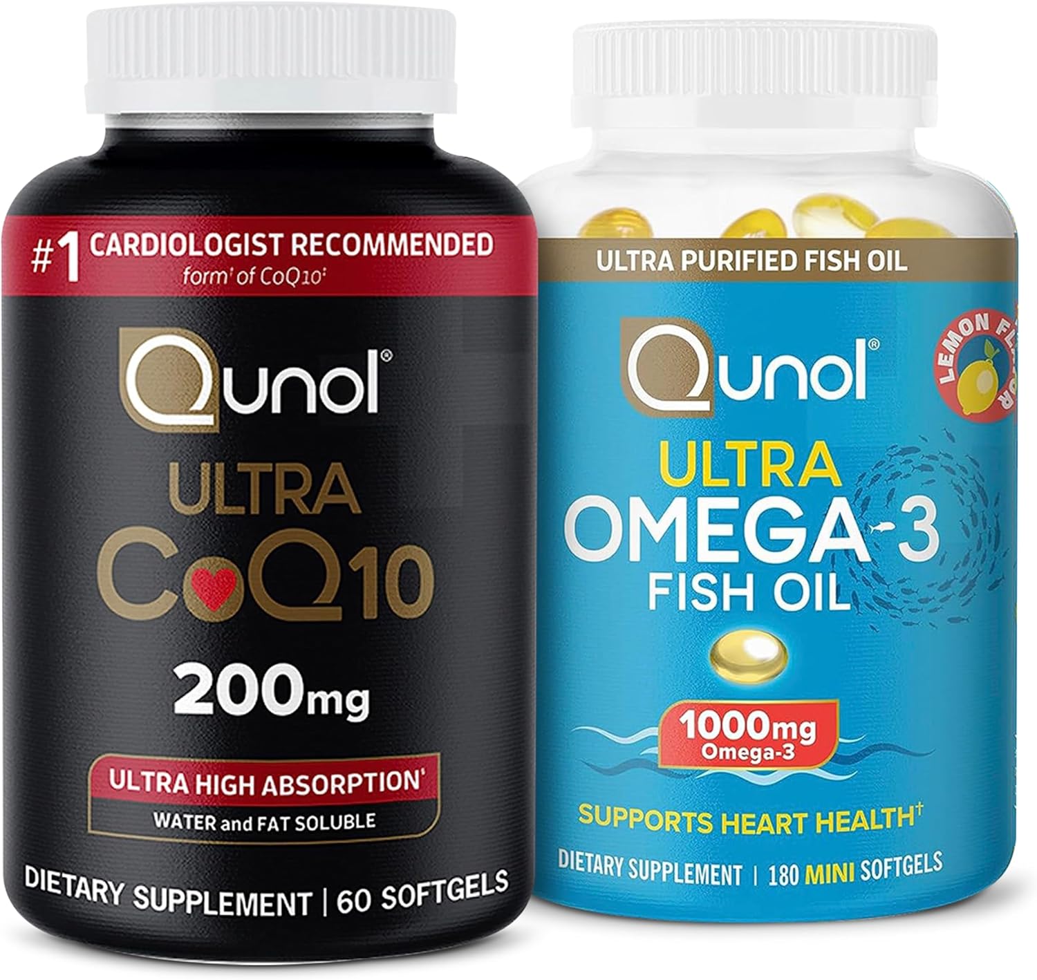 High Absorption CoQ10 200mg Softgels + Omega 3 Fish Oil Mini Softgels - 2 Month Coenzyme Q10 Supply, 60 Count + 3 Month Omega 3 Supply, 180 Count