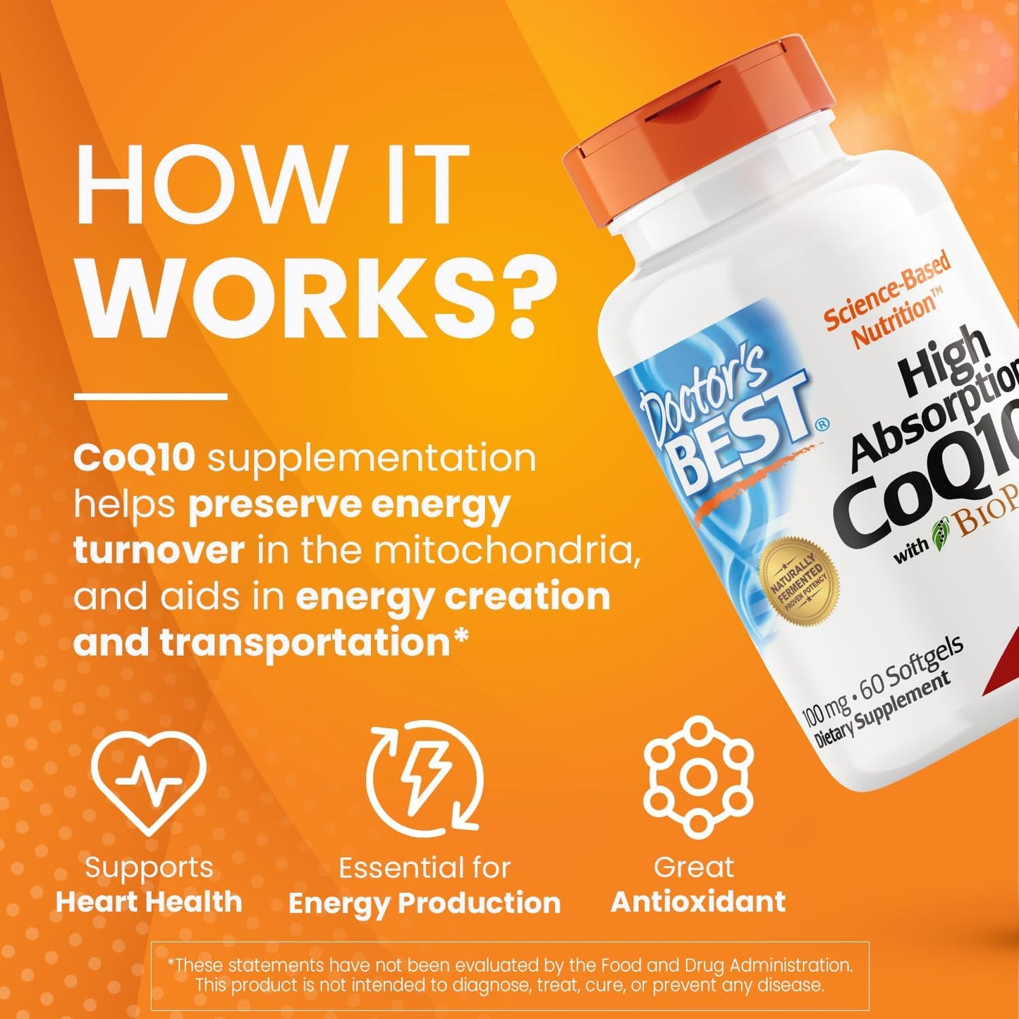 High Absorption CoQ10 with BioPerine for Heart Health & Energy, 100 mg, 60 Softgels by Doctor's Best - Gluten Free & Naturally Fermented