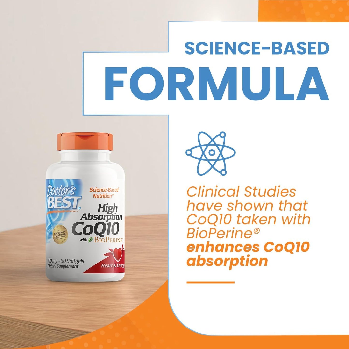High Absorption CoQ10 with BioPerine for Heart Health & Energy, 100 mg, 60 Softgels by Doctor's Best - Gluten Free & Naturally Fermented