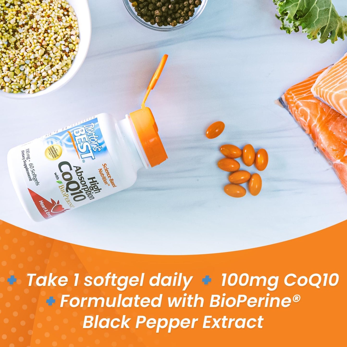 High Absorption CoQ10 with BioPerine for Heart Health & Energy, 100 mg, 60 Softgels by Doctor's Best - Gluten Free & Naturally Fermented