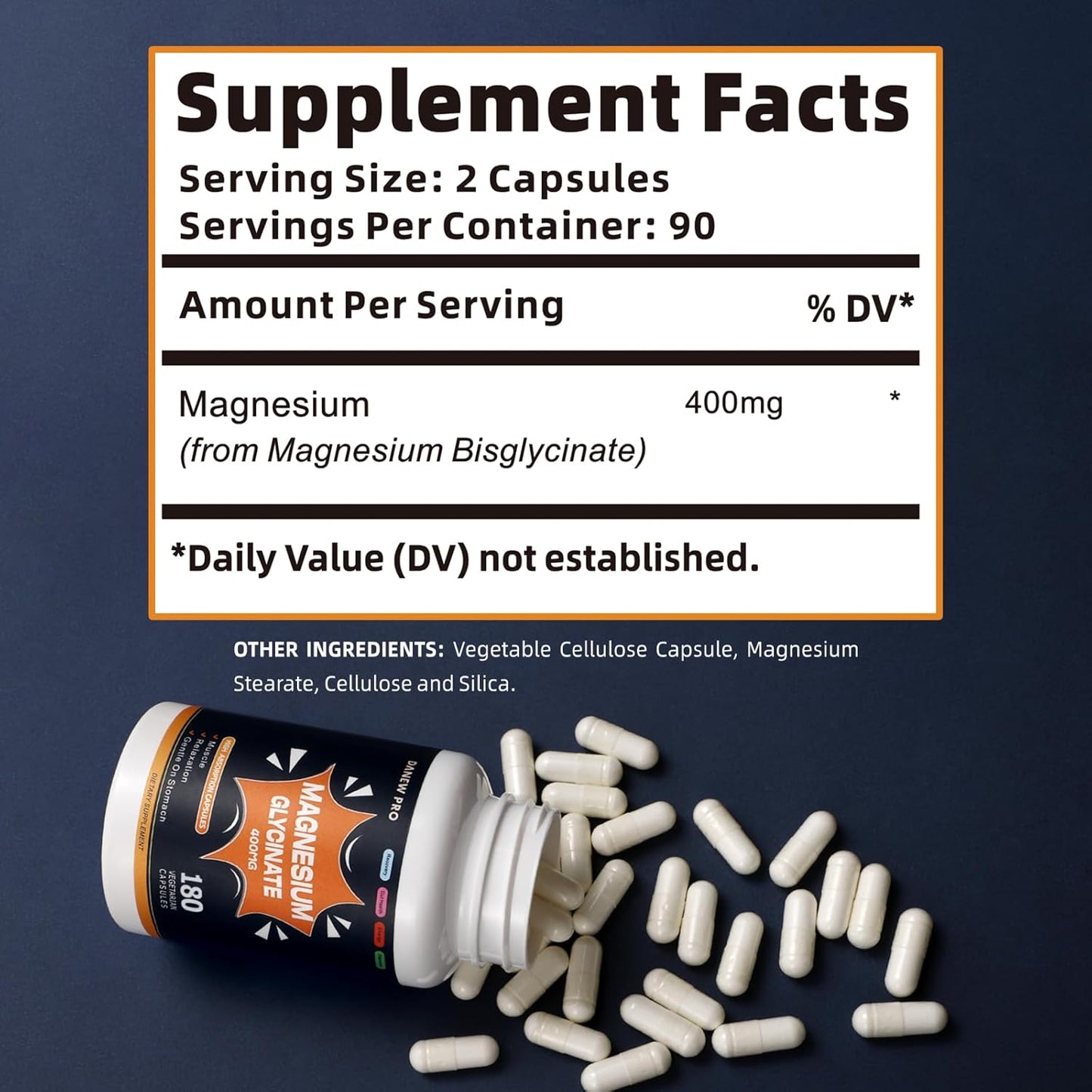 High Absorption DANEW Pro Magnesium Glycinate 400 MG, Gentle On Stomach, Non-GMO, 180 Vegetarian Capsules.