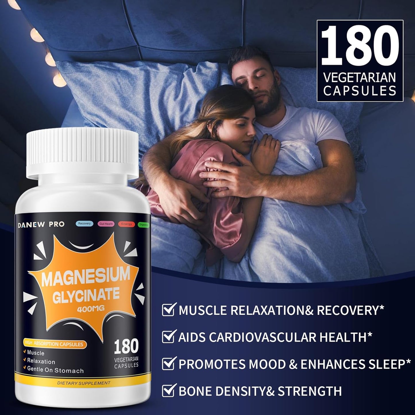 High Absorption DANEW Pro Magnesium Glycinate 400 MG, Gentle On Stomach, Non-GMO, 180 Vegetarian Capsules.